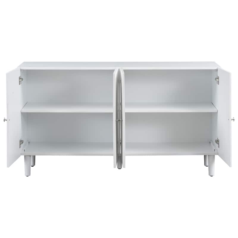 Elegant Four-Door Sideboard with Wavy Pattern Doors, Cylindrical Legs, and Sleek Metal Handles