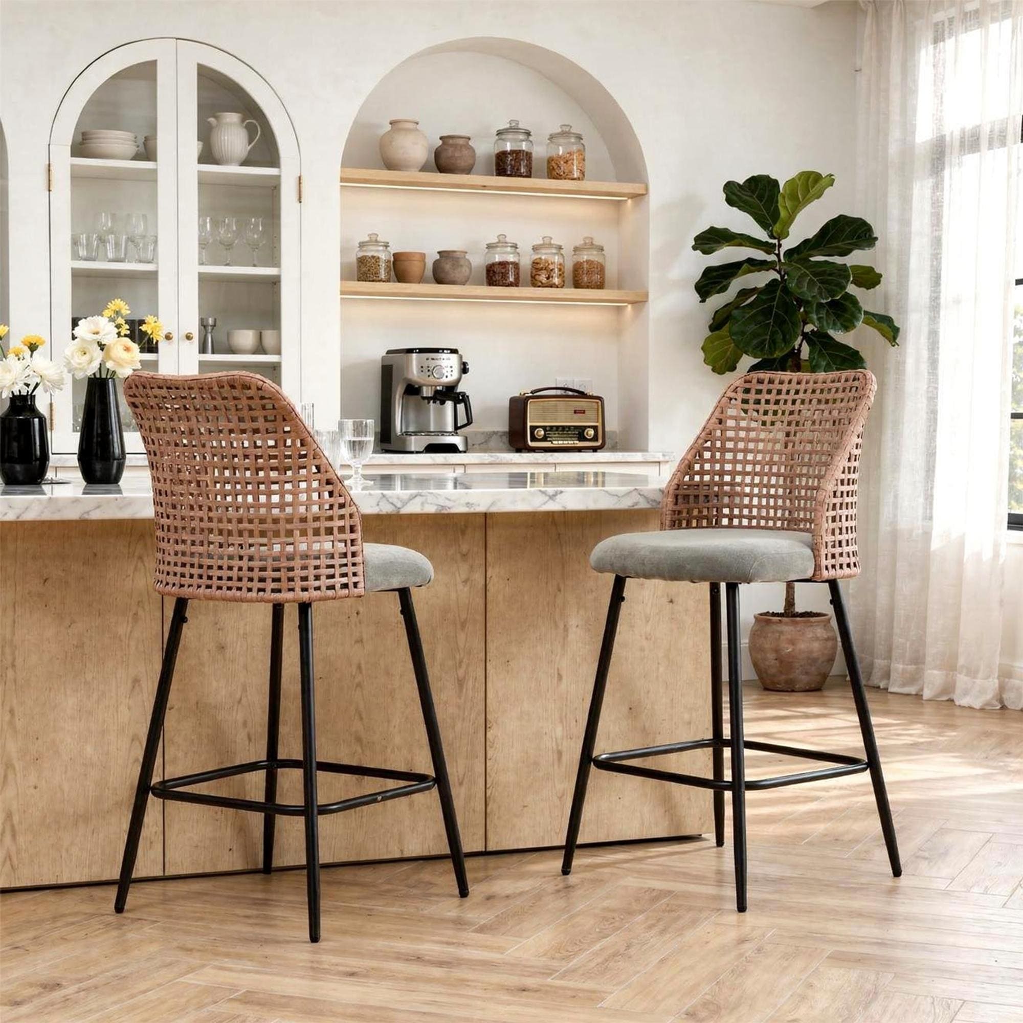 Bar Stools with Wicker Back & Metal Legs (Set of 2/4)