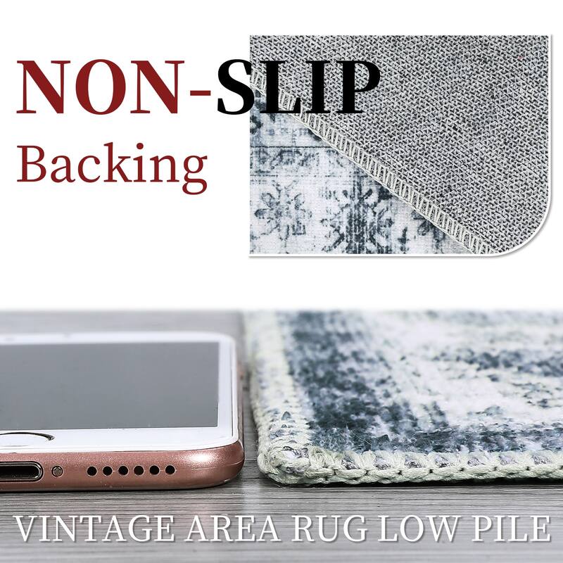 Vintage Medallion Living Room Rug Washable Soft Non-Slip Low Pile Area Rug Indoor Distressed Accent Rug