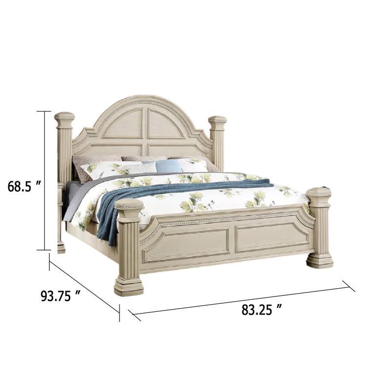 Akia King Bed, Antique White Solid Wood, Reeded Posts, Molded Trim