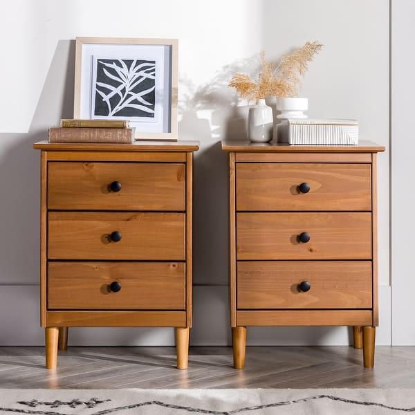 slide 2 of 34, Walker Edison Bullrushes Solid Wood 3-Drawer Nightstand, Set of 2 Tan