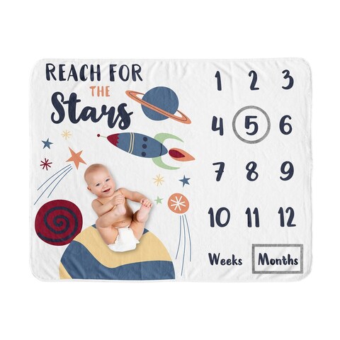Space Galaxy Collection Boy Baby Monthly Milestone Blanket - Navy Blue Planets Star and Moon Rocket Ship Reach for the Stars