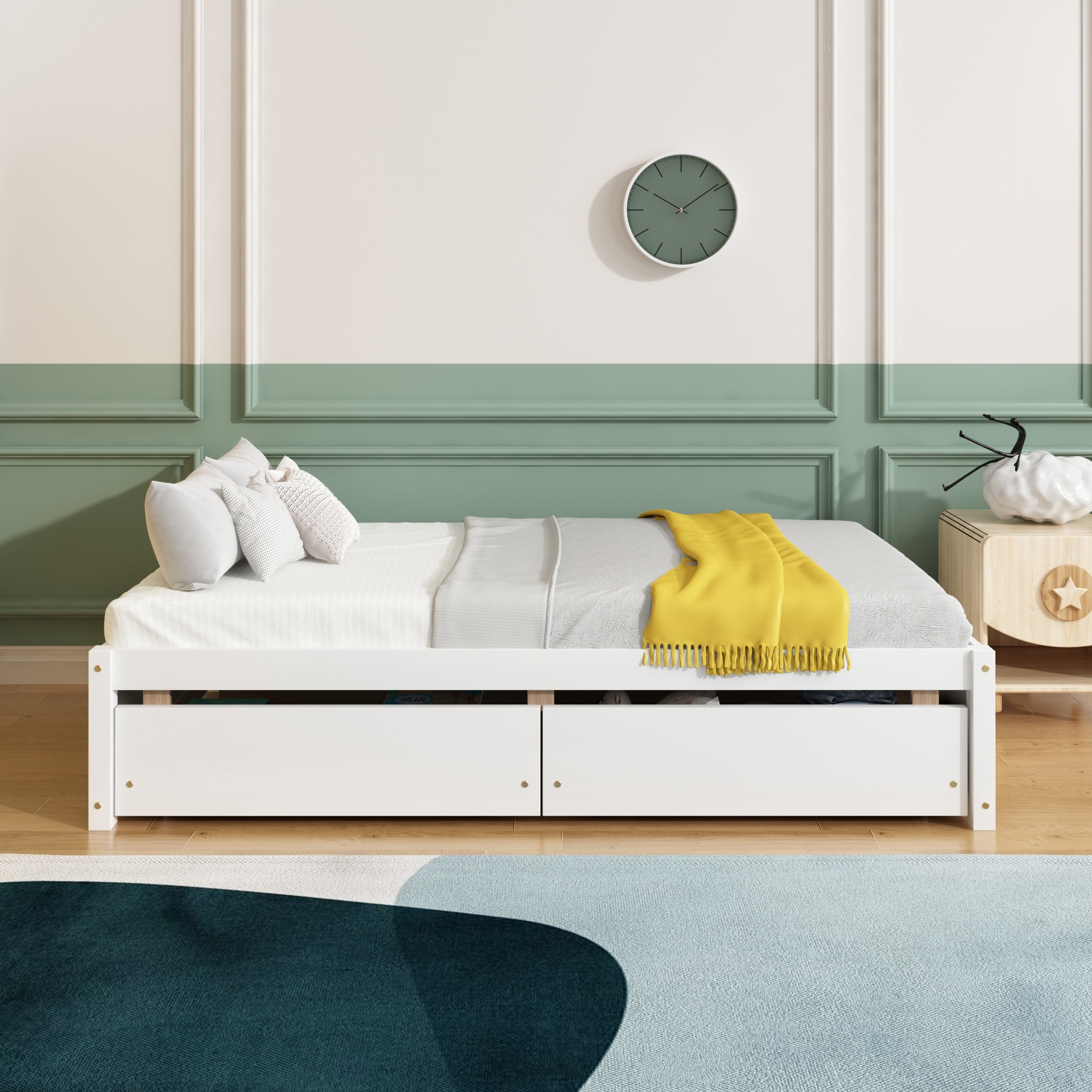 Modern Twin Bed with 2 Drawers Solid Wood No Box Spring Needed