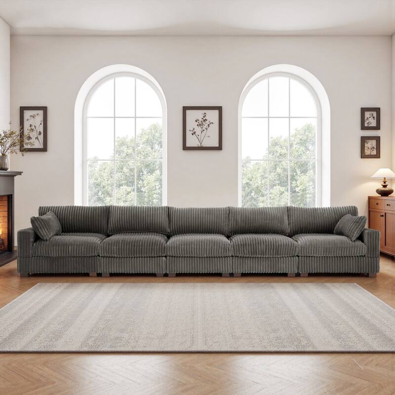 Plush Corduroy Upholstered Modular Sectional Sofa with Pillows