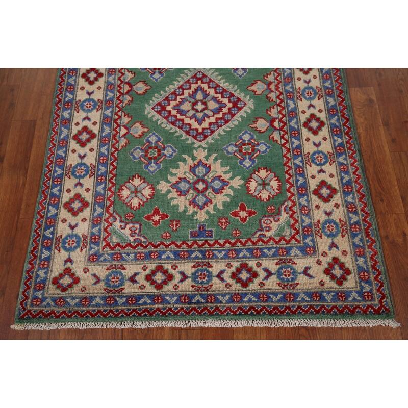 Green Geometric Kazak Oriental Accent Rug Handmade Wool Carpet - 3'4" x 4'10"