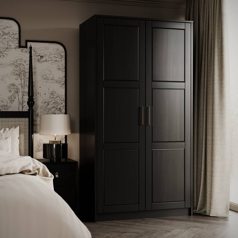 Palace Imports 100% Solid Wood 2-Door Urban Wardrobe Armoire with Solid and Mirrored Doors - Black-Solid Wood Doors
