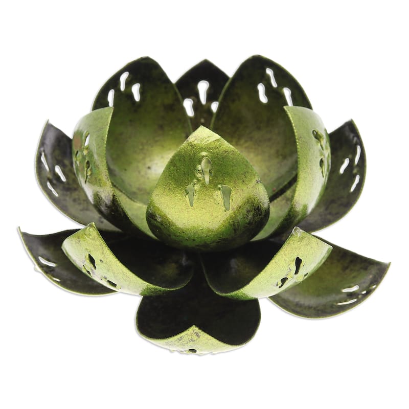 Novica Handmade Precious Lotus In Light Green Steel Tealight Holder