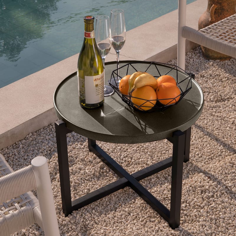 COSIEST Outdoor Patio Round Dark Grey Metal Coffee Table