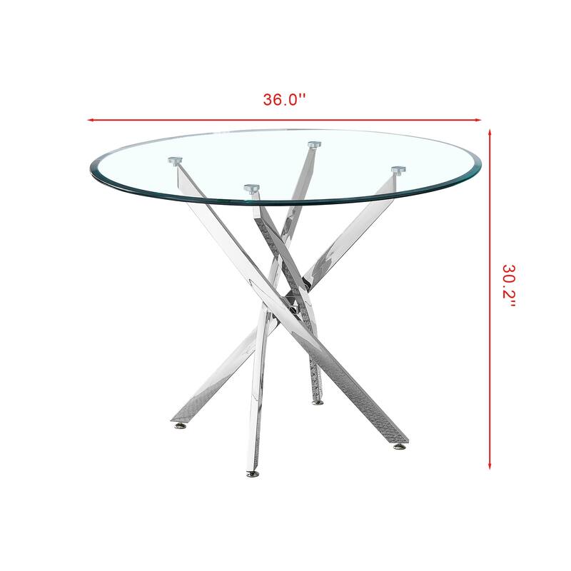 Contemporary Round Clear Tempered Glass Dining Table with Silver Stainless Steel Legs