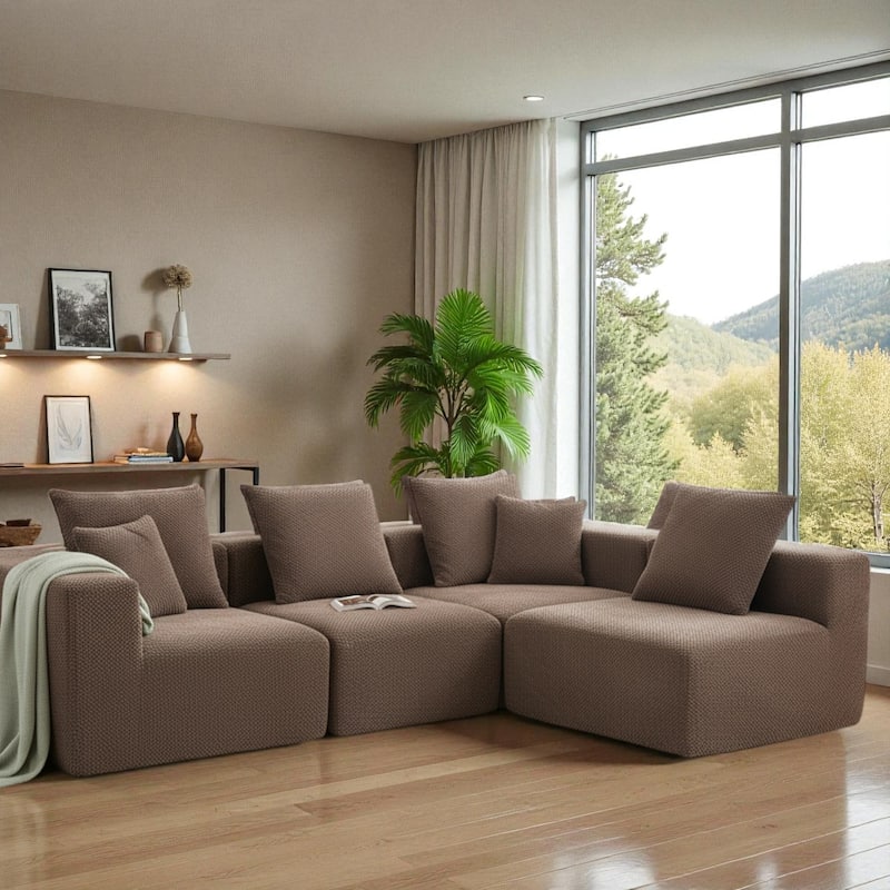 111" Modular Sectional Sofa with All-Foam Construction, Textured Upholstery and 6 Pillows, Low-Profile Couch for Living Room