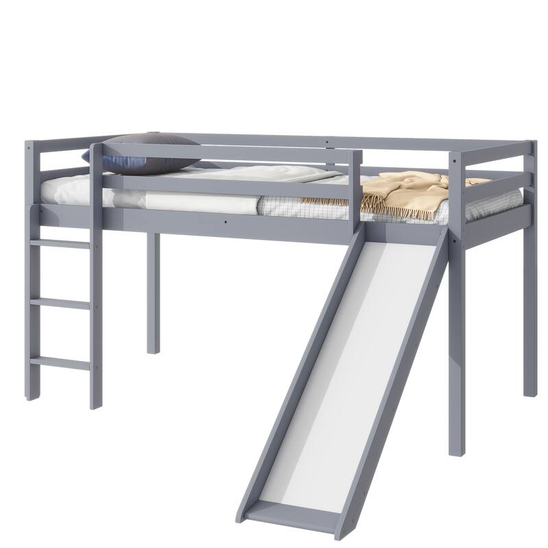 Low Loft Twin Bed with Slide, Ladder, Safety Rails, Rubber Wood Frame, Grey