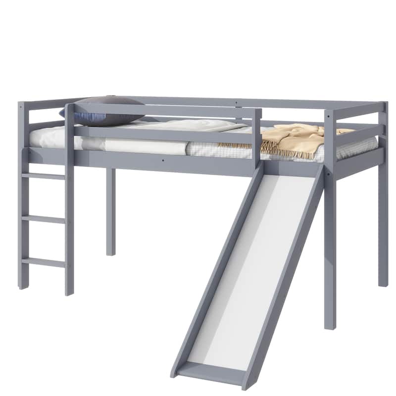 Twin Low Loft Bed with Slide, Ladder, Safety Guardrails, Rubber Wood Twin Loft Bed