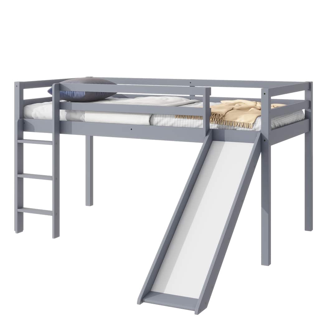 Twin Low Loft Bed with Slide, Ladder, and Storage Space, Rubber Wood Construction with High Guardrails for Safety