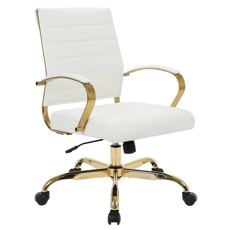 Benmar Ergonomic Leather Office Chair with Lumbar Support, Gold Steel Frame, Adjustable Height, Tilt Lock, & Smooth Casters - White