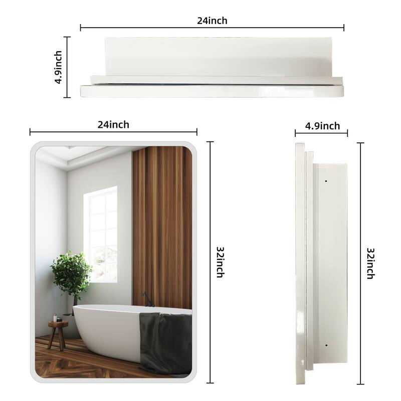 24X32 Inch White Metal Framed Wall Mount Or Recessed Bathroom Medicine Cabinet With Mirror - White