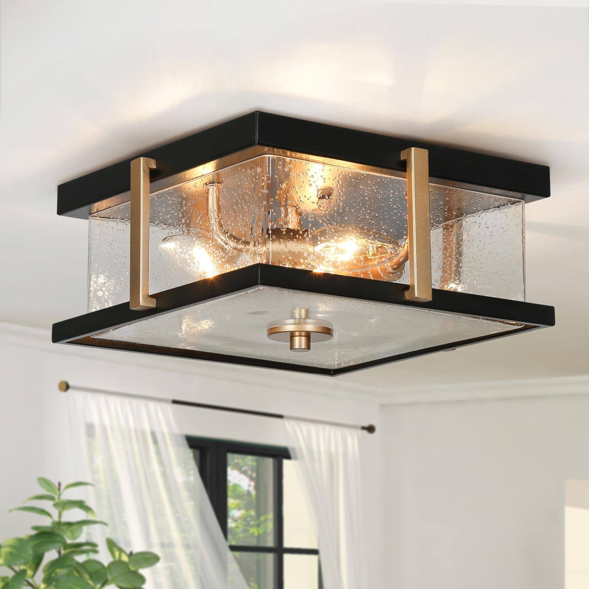 Modern 3-Light Black Gold Square Glass Flush Mount Ceiling Foyer Light - 12" L x 12" W x 5.5" H