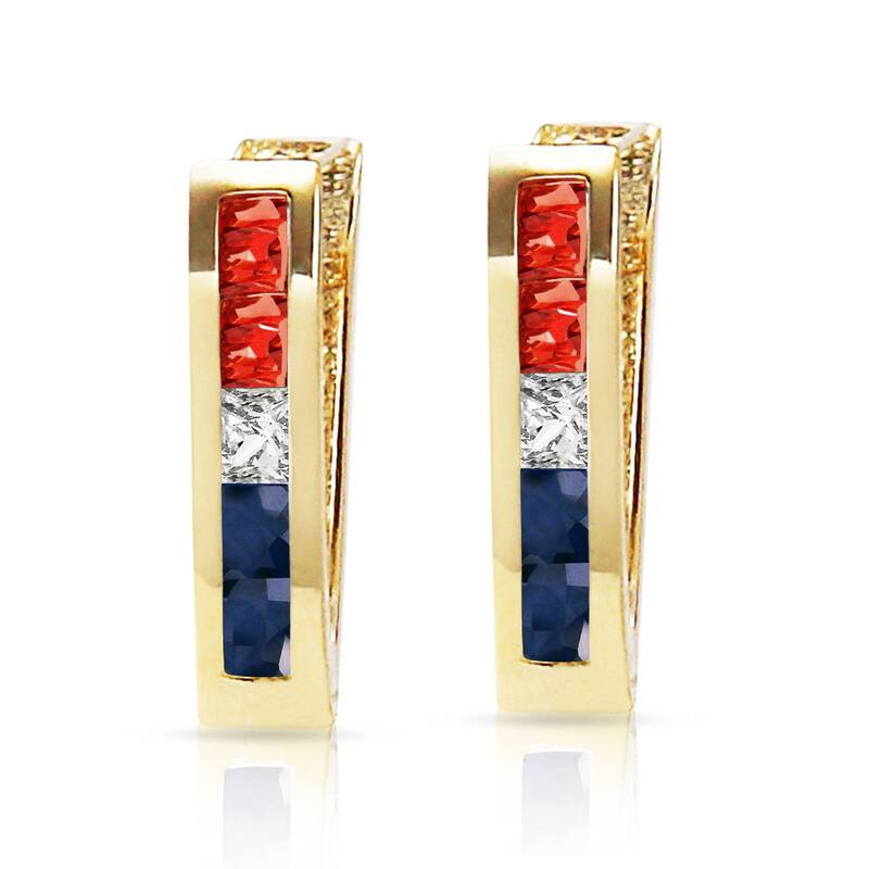 1.28 Carat 14K Solid Gold Princess Tri Gem Hoop Gemstone Earrings