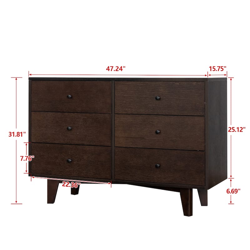 Kitchen Pantry Cabinets With 6 Drawers, Retro Round Handle Wood Wardrobe Closet, Low Storage Cabinet