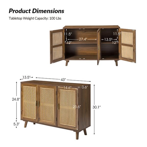 dimension image slide 4 of 6, Filippo Traditional Rattan 3-Door Sideboard Cabinet by HULALA HOME