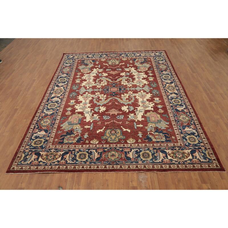 Hand Knotted Oriental 100% Wool Carpet Traditional Geometric Oranges & Rust Heriz (serapi) Area Rug - 11' 9'' X 8' 11''
