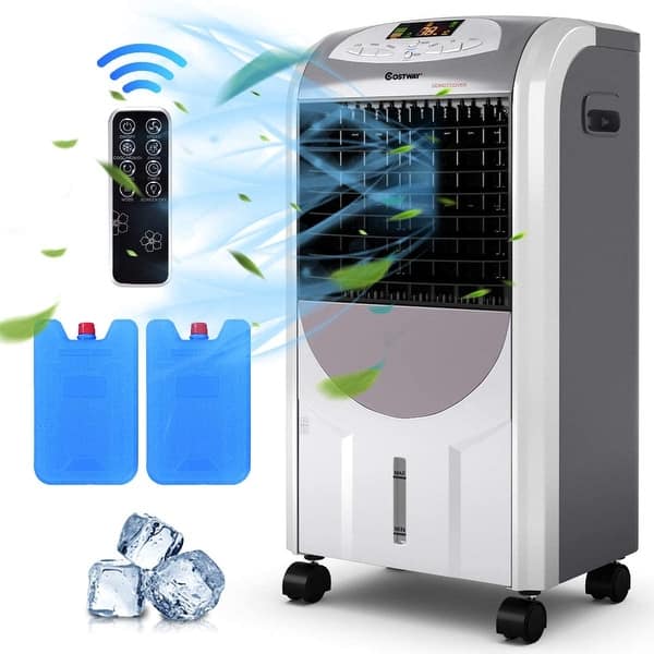 slide 2 of 8, Air Cooler and Heater, Compact Portable Air Conditioner with Fan Filter Humidifier Ice Crystal Box Remote Control - White