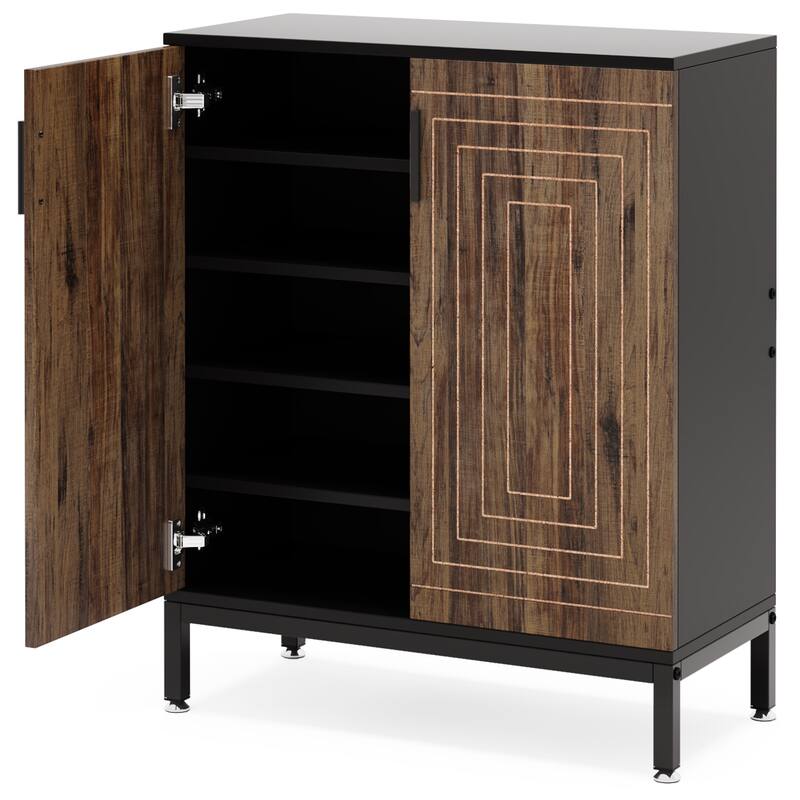 31" Brown & Black Wooden Shoe Cabinet with Doors, 5 Tiers