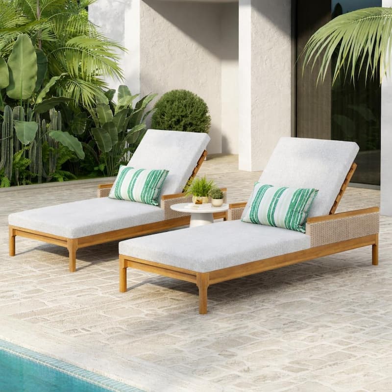 Christopher Knight Home - Solid Acacia Wood Outdoor Chaise Lounge with 4-Position Adjustable Backrest & Woven Rattan Accents - Set of 2+Light Grey