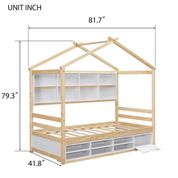 dimension image slide 1 of 3, Twin Size House Bed with Roof, Shelves, & Under Bed Storage