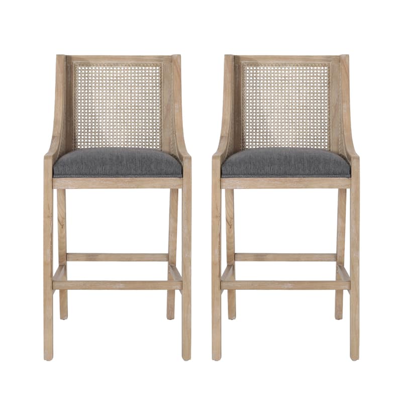 French Country Breck Upholstered Barstools with Cane Backrest (Set of 2) - 30-inch Seat Height by Christopher Knight Home