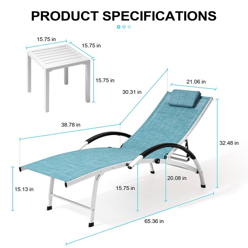 3-piece Outdoor Adjustable Aluminum Reclining Chaise Lounge Chairs with Wheels and Side Table Set