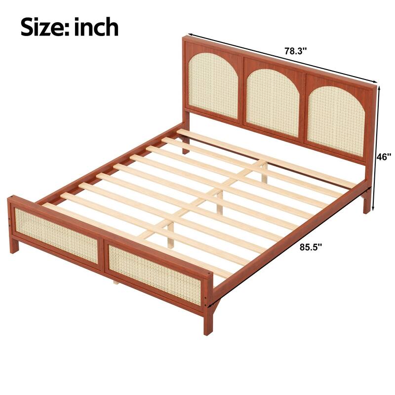 GDFStudio - Modern Wooden Platform Bed with Rattan Headboard and Footboard