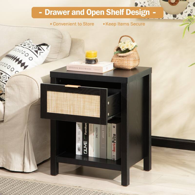 SICOTAS Farmhouse Rattan Nightstand Set of 2 with Drawer and Storage Shelf