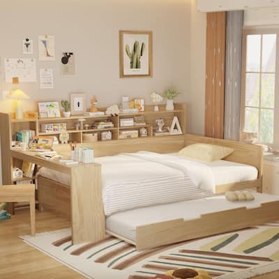 Multi-Functional Full Size Daybed with Study Desk & Storage Shelves, Includes Twin Trundle Bed, Natural Wood