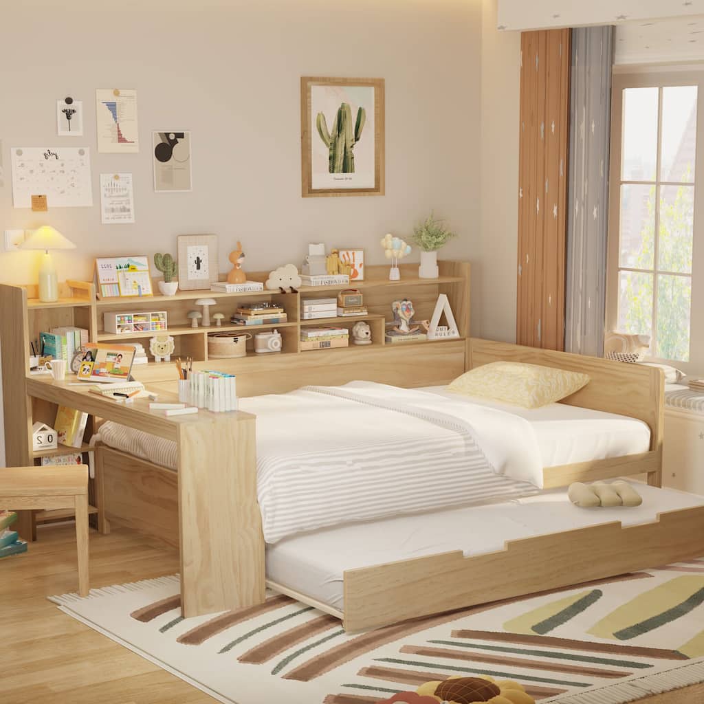 Multi-Functional Full Size Daybed with Study Desk & Storage Shelves, Includes Twin Trundle Bed, Natural Wood