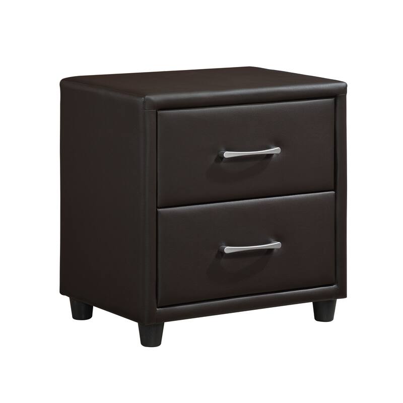 Contemporary 2-Drawer Nightstand with Silver Tone Bar Pulls and Faux Leather Upholstery