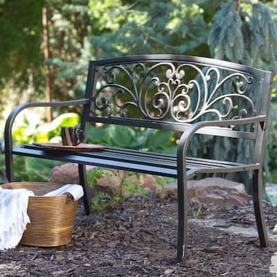 Curved Metal Garden Bench with Heart Pattern in Black Antique Bronze Finish - 51L x 24D x 32H in.
