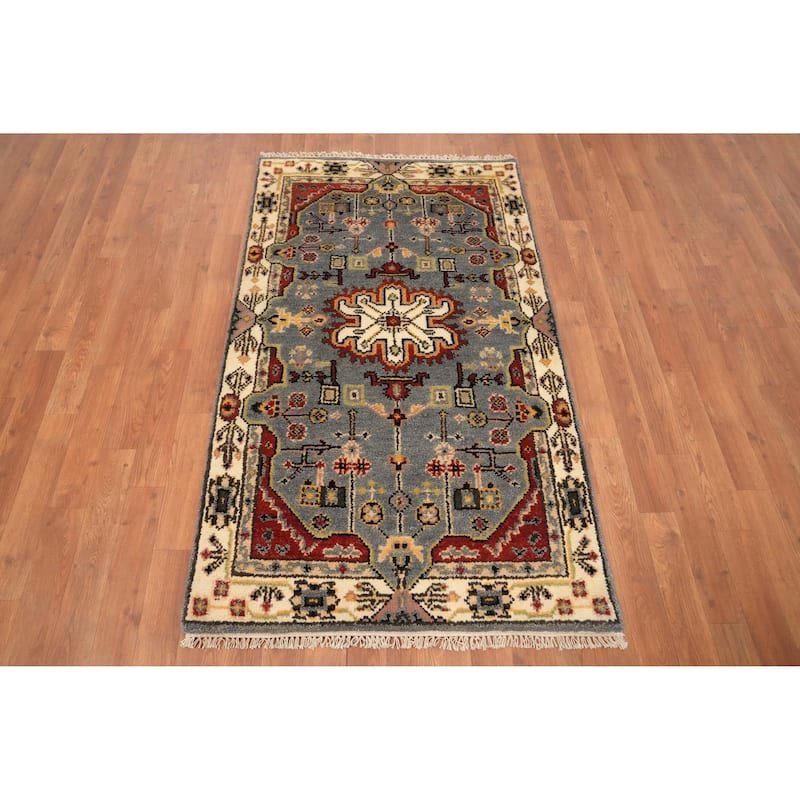 Hand Knotted Oriental 100% Wool Carpet Transitional Geometric Greys & Charcoal Oushak Area Rug - 5' 1'' X 2' 11''