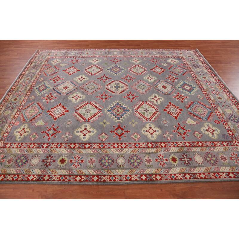 Hand Knotted Oriental 100% Wool Carpet Traditional All-Over Greys & Charcoal Kazak Area Rug - 9' 10'' X 8' 2''