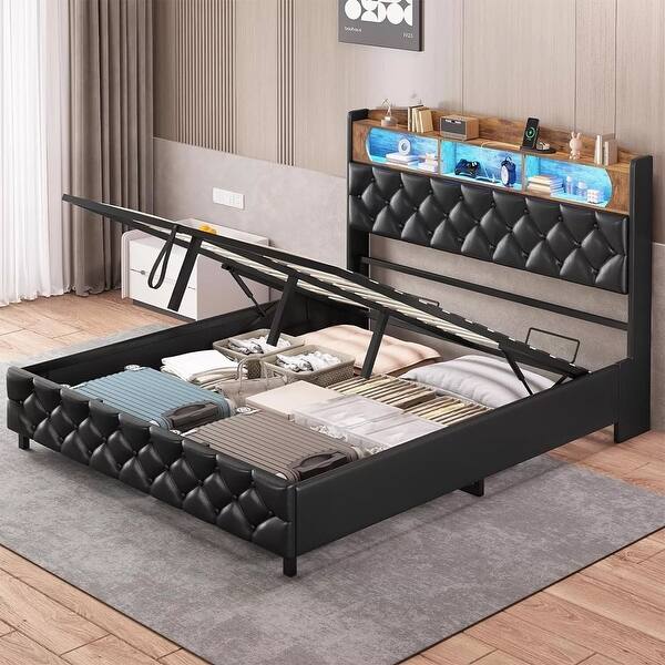 Lift Up Queen Size Bed Frame RGB LED Lights & Charging Station Black ...