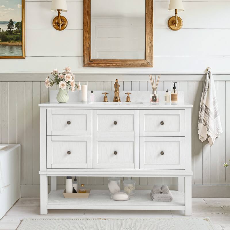 48" Bathroom Vanity with Sink, Marble Countertop Single Bathroom Vanity with 6 Drawers, White - 48" x 22"x 35" - White