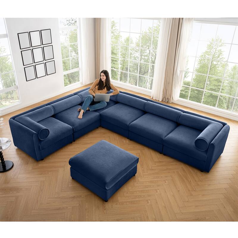GDFStudio - Shanks Chenille 6-Seater Sofa With 1 Ottoman