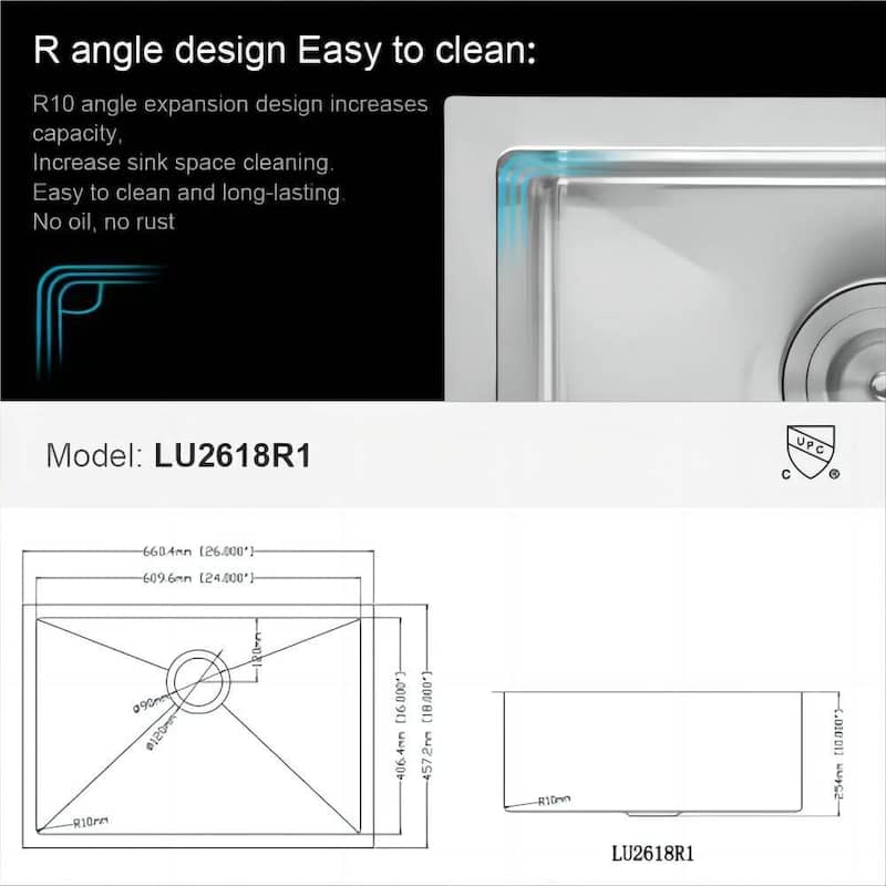 26 In 27 In Undermount Stainless Steel Kitchen Sink Single Bowl Basin