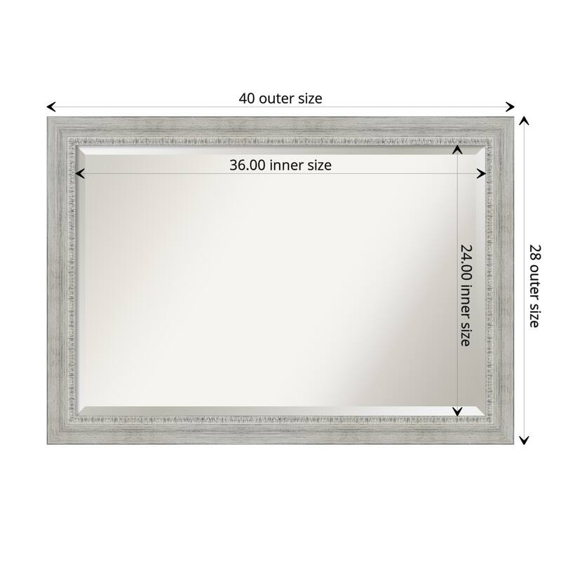 Beveled Wood Bathroom Wall Mirror - Rustic White Wash Frame - Outer Size: 40 x 28 in