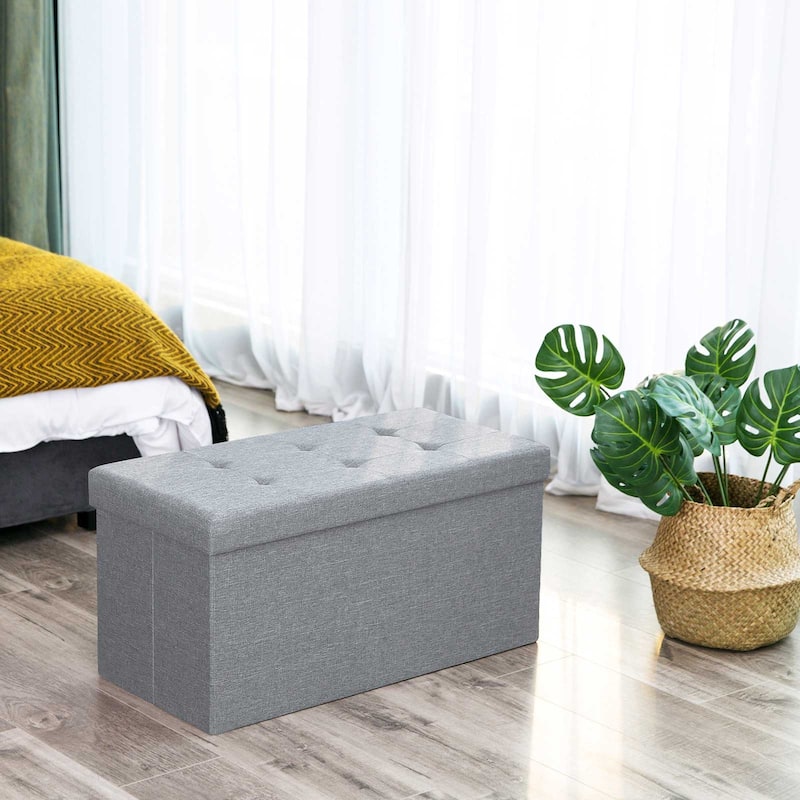 Light Gray Storage Ottoman Bench with Linen-Look Fabric and Foldable Design
