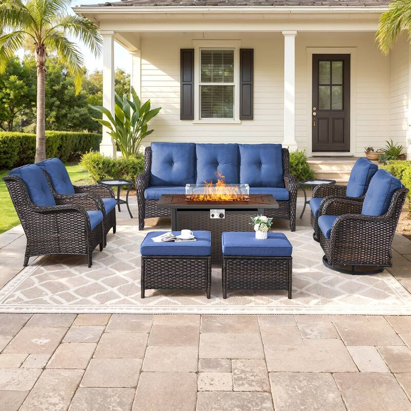 Gymojoy 10-Piece Outdoor Wicker Patio Set with Swivel Glider Chairs & 55,000 BTU Fire Pit Table for Garden, Backyard, Poolside - Brown Wicker / Blue Cusion - 10-Piece