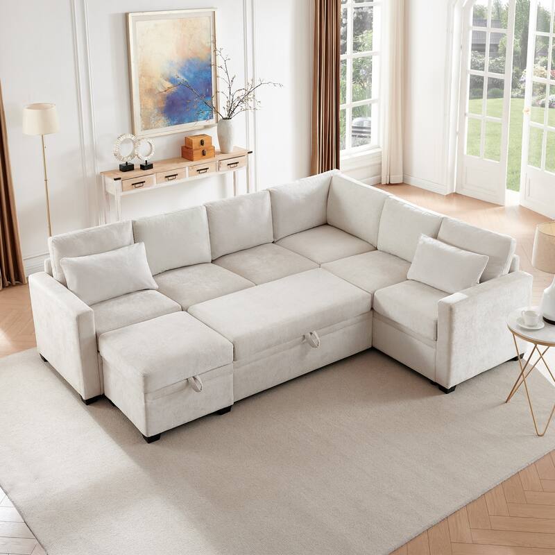 105.5" U-Shaped Sleeper Sectional Sofa with Storage Ottoman