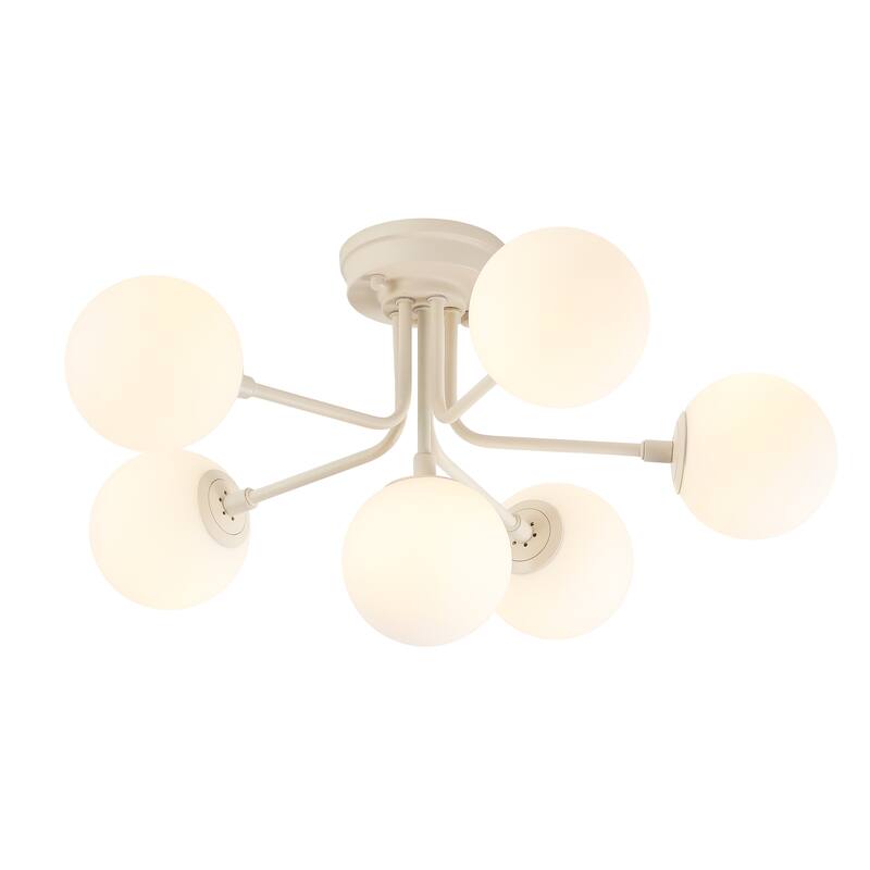 24" 6-Light Globe Modern Industrial Iron Bistro LED Semi Flush Mount, By JONATHAN Y - Almond White