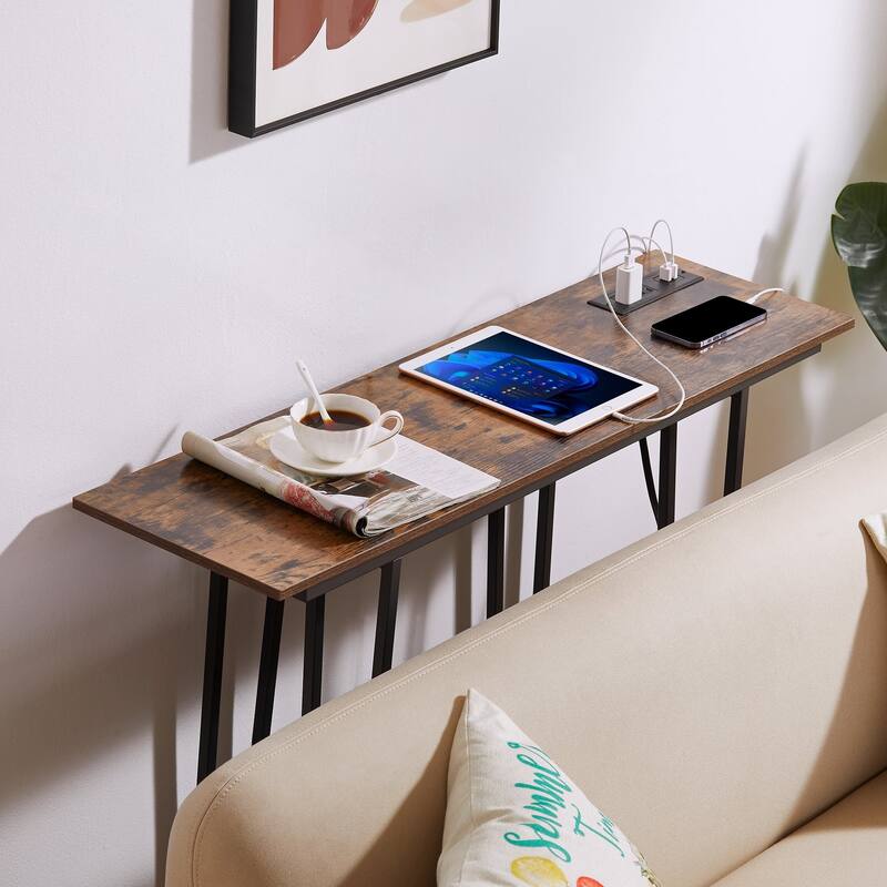 Console Table with Outlets for Entryway, Sofa Table with Wood Shelves, Industrial Entryway Table Foyer Table
