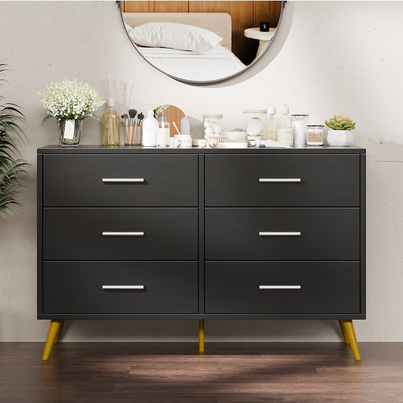 6-Drawer Dresser Storage– Modern Wide Top Storage Cabinet - Black