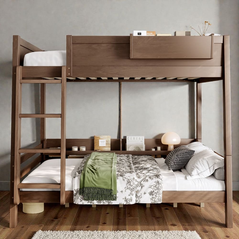 Wooden Bunk Bed Frame with Built-In Storage Shelves, Convertible to Two Beds, No Box Spring Needed